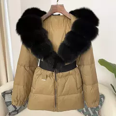 Oftbuy 2024 jaqueta de inverno feminina gola de pele de raposa natural real com capuz grosso quente 90% pato branco para baixo casaco feminino streetwear casual - Wolf Magazine