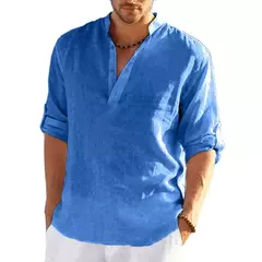 Imagem do Camiseta de linho manga comprida masculina, monocromática, solta, casual, respirável, camisas de algodão, streetwear leve, designer, nova