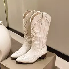 Botas de bezerro ocidentais bordadas para mulheres, saltos quadrados cowboy, dedo apontado, sapatos de plataforma, plus size 42
