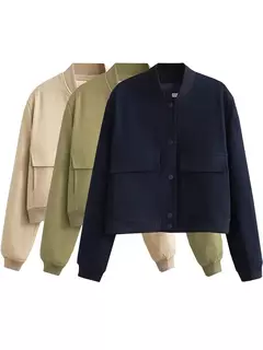 Willshela-Jaquetas bomber monocromáticas femininas, casaco com bolsos, decote em v, peito único, mangas compridas, roupas chiques para senhora, moda feminina - Wolf Magazine