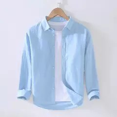 Imagem do Camisa de linho de algodão respirável masculina, gola virada para baixo, manga comprida, monocromática, havaiana, casual, nova, outono