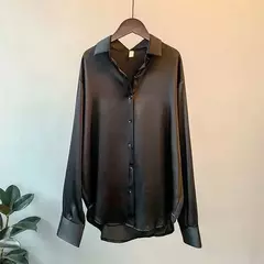Blusa feminina de manga comprida de cetim vintage, camisa sedosa, blusa de escritório de trabalho, camisa casual feminina, outono na internet
