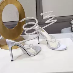 Imagem do Sandália de salto alto com alça de fivela feminina, estilete baixo de strass p