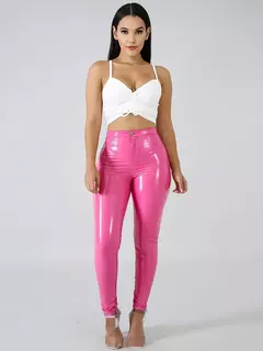Látex falso PU couro push-up cintura alta calça feminina, calça lápis, monocromática, sexy, feminina, outono, inverno