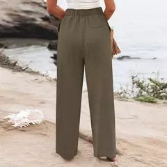 Calça larga de linho de algodão feminina, comprimento total, casual, monocromática, solta, cintura alta, reto, botão, verão - loja online