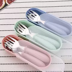 Talheres portáteis de aço inoxidável para crianças, Spoon Forks Box Utensílios de alimentação do bebê Conjunto de talheres para bebês, 3pcs - loja online