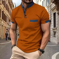Camisa polo esportiva casual masculina, monocromática, com gola alta, tecido diagonal, camisa de Henry, verão, 2024