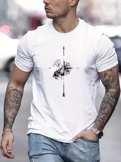 Camiseta casual de manga curta masculina 100% algodão, estampada com bússola de montanha, gola redonda, blusa solta, verão