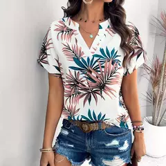 Camisa do verão Moda Floral Impressão Digital Camisa Para As Mulheres Plus Size V-Neck Short-Sleeved Camisa Para As Mulheres Camisa Casual Solta - comprar online