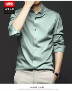 Camisa de seda gelo manga longa masculina, slim fit, suave, anti-rugas, sem engomar, cor sólida, camisas de luxo, 6XL