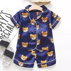 Conjunto de pijama cetim de seda gelo infantil, top e calça, ursinho desenho animado, bebê menina, primavera, verão - comprar online