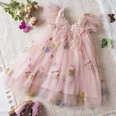 Vestido de malha bordado feminino, Alça de fada, Asas de arco traseiro, Princesa, Aniversário, Doces Bebés, Verão - comprar online