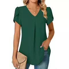 Blusa sexy com plissado e v pescoço para as mulheres, camisa de manga curta, cor sólida, solto, roupas de trabalho, verão, sze-st23015 na internet