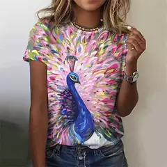 Imagem do Lindo pavão padrão camiseta para mulheres flor colorida 3d impresso t camisas moda solta camisetas mangas curtas em torno do pescoço topos
