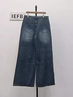 Iefb-Jeans lavado vintage masculino, calças jeans de perna larga, calças masculinas soltas, moda casual de rua angustiada, verão, versátil, 9C354