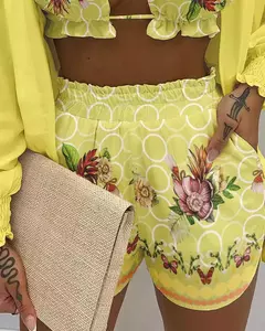 Fato de banho feminino de três peças, moda praia sexy, biquíni de cintura alta, maiô estampado, shorts para cobrir, moda praia de verão, novo 2024 na internet