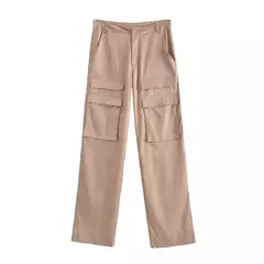 Imagem do TRAF-Calça feminina de cetim cargo com bolsos, vintage, cintura alta, mosca com zíper, calça feminina, moda