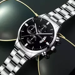 Imagem do Relógio de pulso masculino de quartzo em aço inoxidável prateado, Relógios de luxo, Relógio de negócios para homens