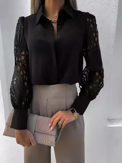 Elegante blusa sólida de chiffon feminina, camisa casual de manga comprida, camisa solta com decote V, túnicas de senhora do escritório, tops grandes, primavera, verão, 2024