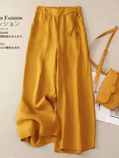Calça de perna larga feminina, cintura alta elástica, algodão e linho, calça casual, calça reta solta, retrô artística, amarela, verão - Wolf Magazine
