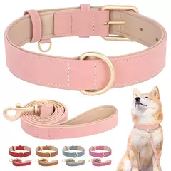 Coleira de cachorro acolchoada macia conjunto de coleira de couro pu para cães de estimação colar com corda de chumbo para caminhada ajustável para cães pequenos e médios pug na internet