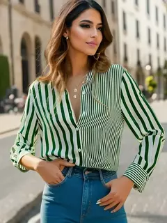 Camisa estampada com listras verdes elegantes feminina, blusas plus size, roupas femininas, blusas, primavera, verão, moda, 2024 na internet