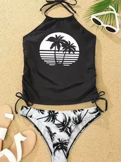 Conjunto de tankini amarrado monocromático feminino, maiô halter, maiô sexy, maiô de praia sem costas, biquíni verão, 2024 - Wolf Magazine