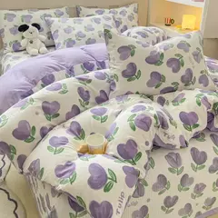 Conjunto de cama infantil com 3 peças, colcha rosa, capa de edredão floral vegetal, padrão de gato, desenhos animados fofos, conjunto de cama para meninas, decoração do quarto na internet