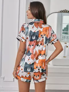 Conjunto de pijama cetim de gato e cachorrinho feminino, pijamas de manga curta, lapela, shorts elásticos, botões fofos