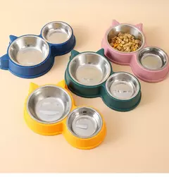 Novo filhote de cachorro gatinho suprimentos de alimentação dois tigelas para animais de estimação bebedor de comida para cães de aço inoxidável prato bebendo para animais de estimação dispositivo de acesso alimentador - comprar online