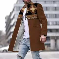 Outono inverno retro impressão de lã casaco masculino casual único breasted lapela manga longa casaco moda masculina bolso solto meados longo jaqueta - Wolf Magazine