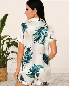 Conjunto de pijama de duas peças estampado leopardo feminino, shorts e top de manga curta, pijama cetim casual para casa, verão - loja online