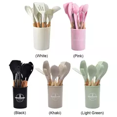 Conjunto De Utensílio De Cozinha Resistente Ao Calor, Kit De Ferramentas De Cozinha, Cabo De Madeira, Panelas, Espátula, Colher, Escova, Batedor, Suprimentos, 12Pcs na internet