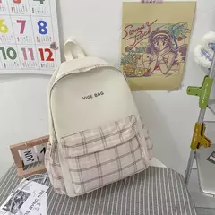 Mochila estudantil retrô com zíper, grande capacidade, mochilas de lona xadrez, mochila feminina