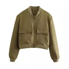 Imagem do TRAF-Jaqueta bomber feminina de manga comprida com bolsos, casacos vintage, botão frontal, casacos casuais femininos, tops chiques, moda