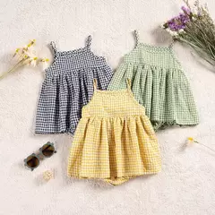 Macacão xadrez sem mangas para bebês, macacão recém-nascido, roupa de uma peça infantil, verão