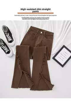 Fenda Lateral Micro Flared Jeans, Jeans de Cintura Alta, Calças Franjas Emagrecedoras, Cor Café, Fundo de Sino, Marrom, Novo, Primavera, Outono, 2022 - Wolf Magazine