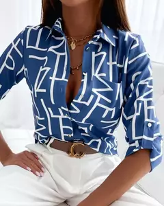 Imagem do Camisa de manga comprida feminina estampada, blusa casual, polo floral, top de primavera e outono, nova moda, escritório, 2024