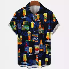 Camisa Retro de Cerveja Masculina Estampada 3D, Padrão para Beber Natal, Engraçado Street Top, Casual Manga Curta, Blusa de Botão, Roupas