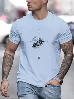 Camiseta casual de manga curta masculina 100% algodão, estampada com bússola de montanha, gola redonda, blusa solta, verão - Wolf Magazine