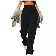 Calça de perna larga feminina, bolso com aba de rua, detalhes da fivela lateral, calças paraquedas hip hop, moda Y2K - Wolf Magazine
