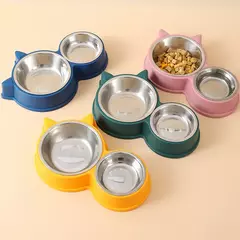 Novo filhote de cachorro gatinho suprimentos de alimentação dois tigelas para animais de estimação bebedor de comida para cães de aço inoxidável prato bebendo para animais de estimação dispositivo de acesso alimentador