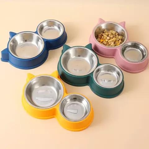Novo filhote de cachorro gatinho suprimentos de alimentação dois tigelas para animais de estimação bebedor de comida para cães de aço inoxidável prato bebendo para animais de estimação dispositivo de acesso alimentador