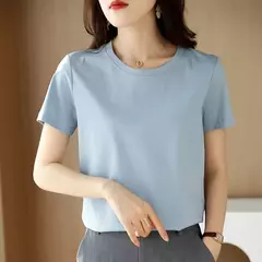 Camisetas de seda de algodão mercerizado femininas, camiseta casual simples, decote em O, manga curta, solta, reta, simples, minimalista, verão, 2023 na internet