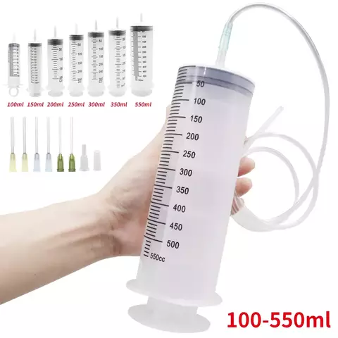 Seringas grandes de 100-550ml com tubo para seringas de plástico líquido com tampa de ponta para distribuição de cola, rega, recarga, alimentação