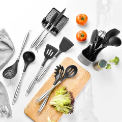 Conjunto de utensílios de cozinha de silicone com cabo oco de aço inoxidável, 12 peças, barril de armazenamento, colher de cozinha, batedor de ovos - Wolf Magazine