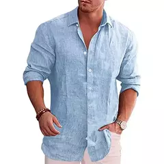 Camisa de linho de algodão manga longa masculina, plus size, monocromática, estilo casual, outono, venda quente na internet