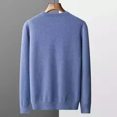 Pulôver masculino de malha com mangas compridas, suéter 100% lã merino, top casual básico de cor sólida, moda