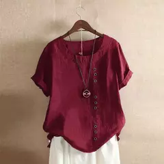 Top feminino de algodão e linho verão casual solto botão manga curta cor sólida pulôver blusa femme blusas - comprar online