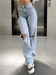 Denim feminino, calças retas rasgadas, cintura alta, ajuste fino, todos os fósforos, elástico, venda quente, novo, 2024 na internet